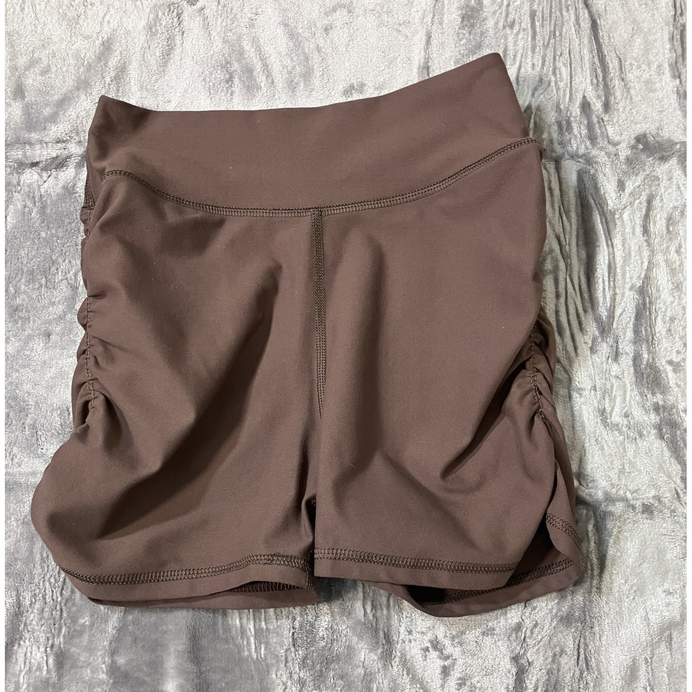 Becco Women Large Brown High Waisted Ruched Side Athletic Yoga Shorts Gym Summer